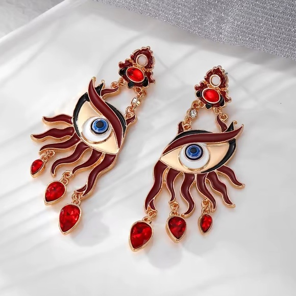 Anthropologie Jewelry - Red Flame Eyes Gold Earrings